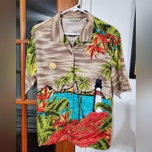 Vintage Mureli Tropical Hawaiian Button Up Shirt Sequin Beach Scene Lighthouse